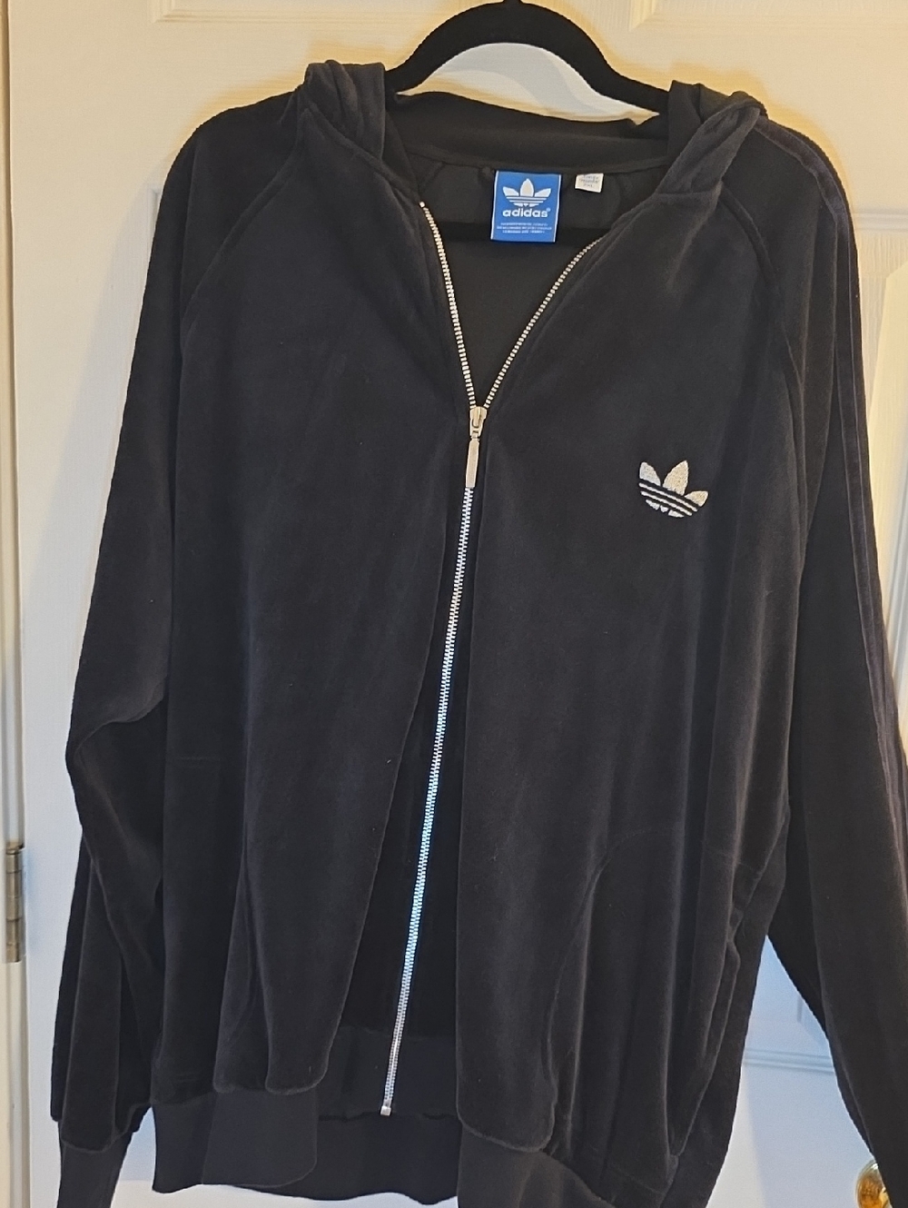 adidas Black Velour Hooded Zip Jacket with Silver Zipper